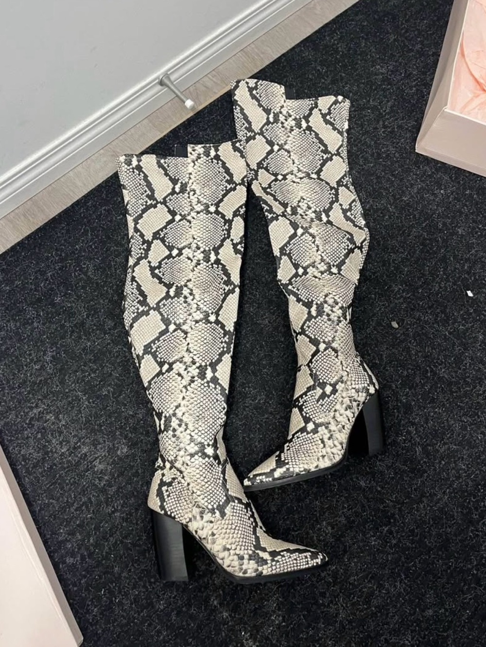 Vince Camuto Black & Cream Snake-Print Over-the-Knee Block Heel Boots